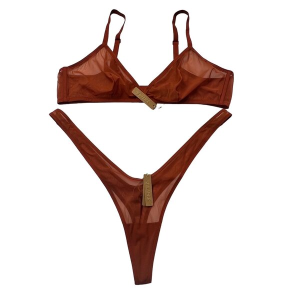 SKIMS Ultra Fine Mesh Triangle Bralette + Micro Dipped Thong Set Chili 4X - Picture 1 of 16